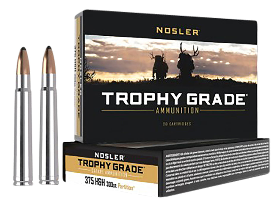 Nosler 40606 Trophy Grade Safari  375 H&H Mag 300 gr 2450 fps Nosler Spitzer Partition (SPT) 20 Bx/10 Cs