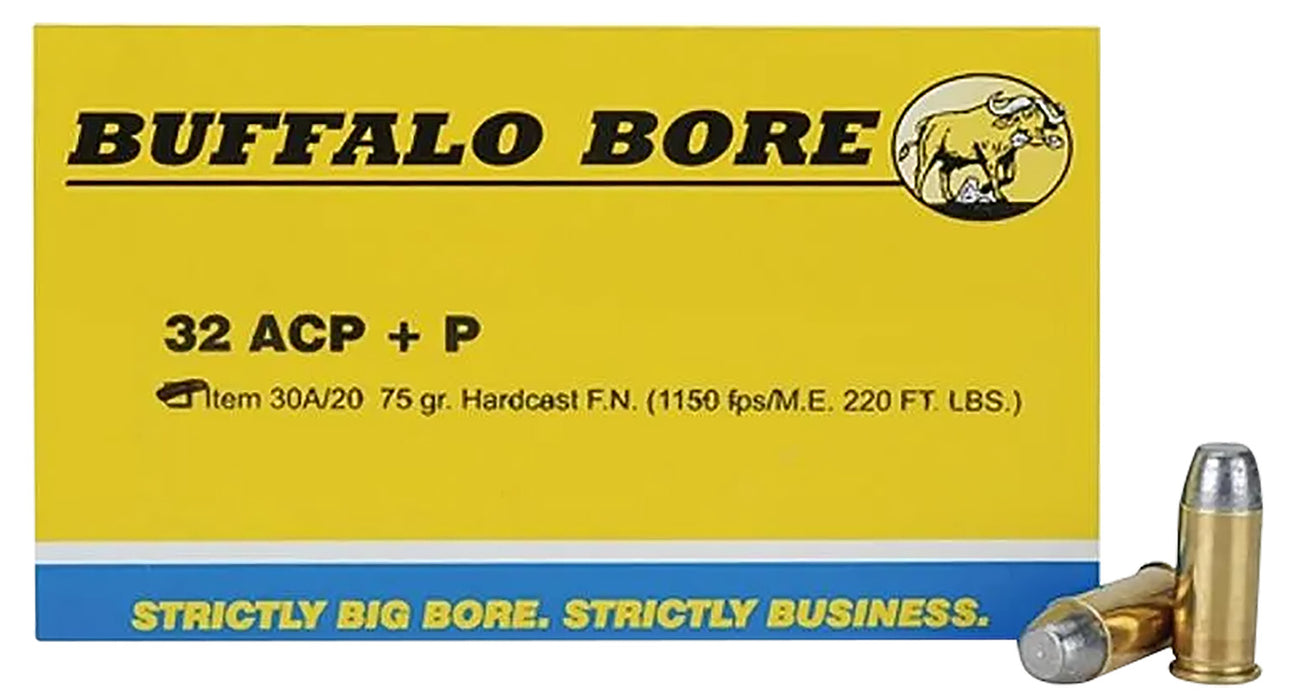 Buffalo Bore Ammunition 30A20 Personal Defense  32 ACP +P 75 gr 1150 fps Hard Cast Flat Nose (HCFN) 20 Bx/12 Cs