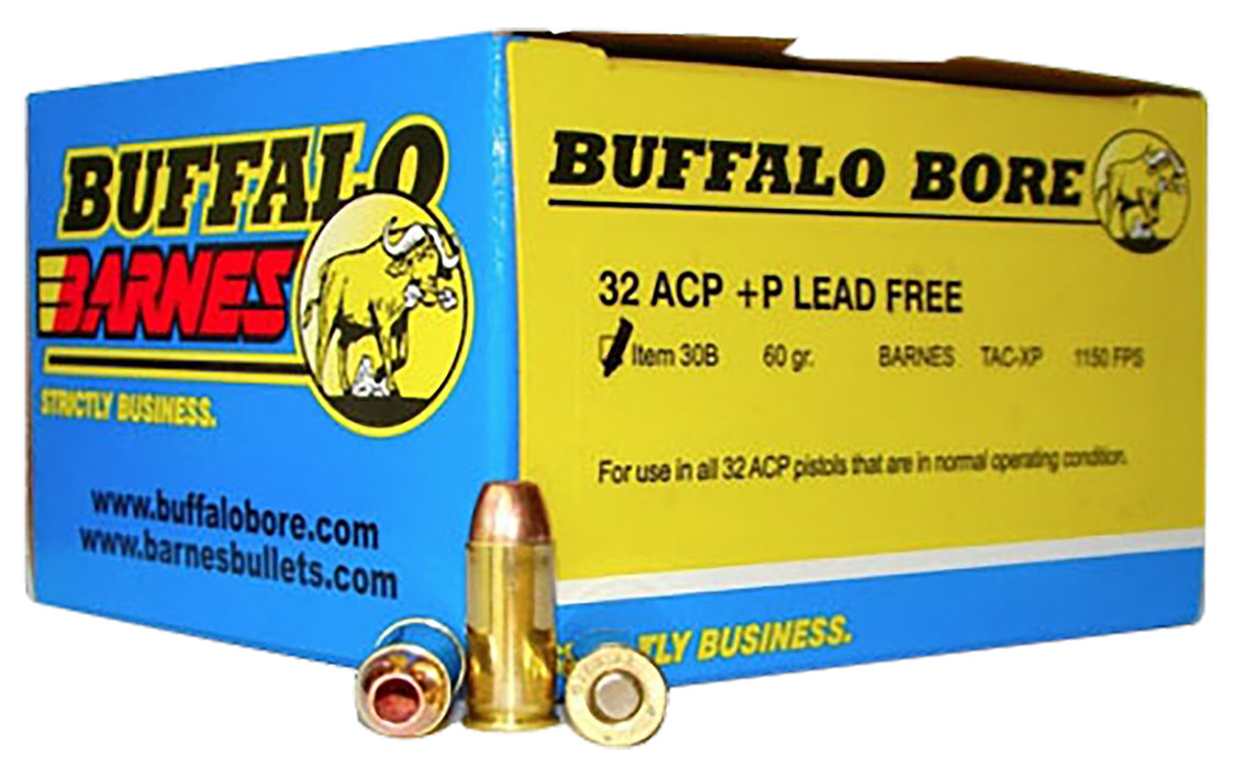 Buffalo Bore Ammunition 30B20 Buffalo-Barnes  32 ACP +P 60 gr 1150 fps Barnes TAC-XP Lead Free 20 Bx/12 Cs