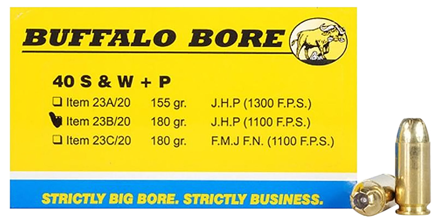 Buffalo Bore Ammunition 23B20 Heavy  40 S&W +P 180 gr 1100 fps Jacketed Hollow Point (JHP) 20 Bx/12 Cs