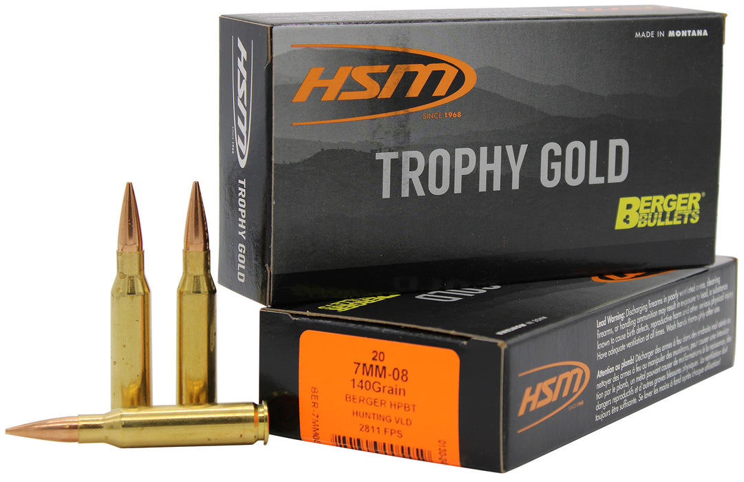 HSM 7MM08140VLD Trophy Gold  7mm-08 Rem 140 gr 2811 fps Berger Hunting VLD Match (BHVLDM) 20 Bx/25 Cs