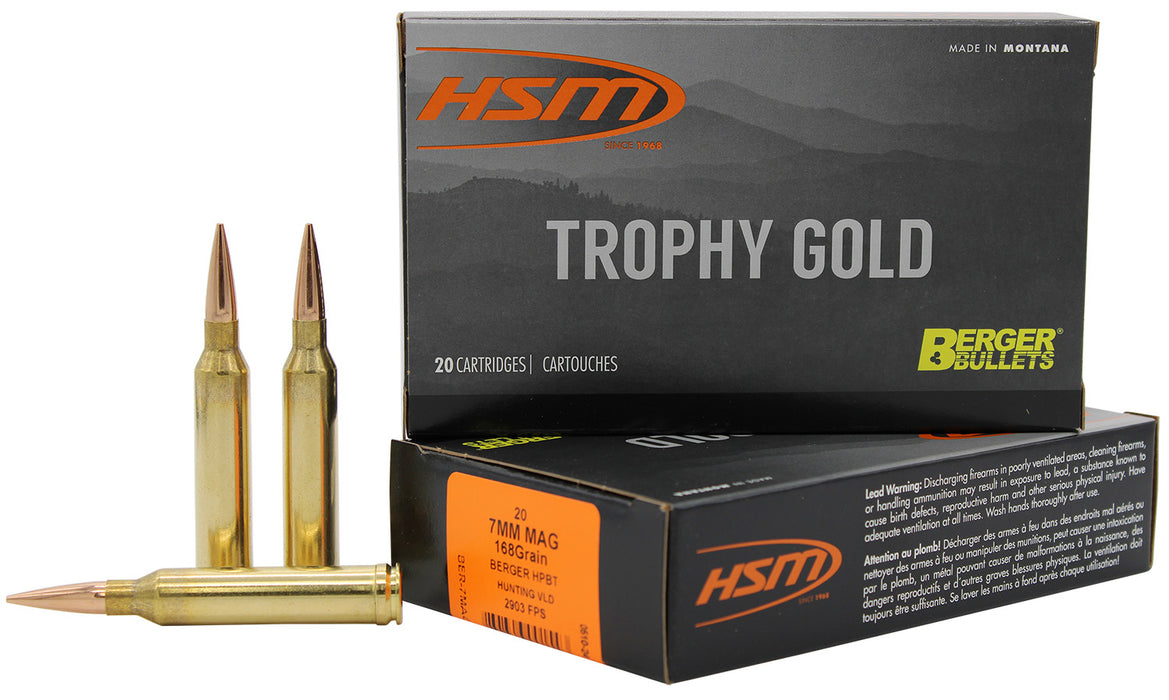 HSM 7MAG168VLLD Trophy Gold  7mm Rem Mag 168 gr 2903 fps Berger Hunting VLD Match (BHVLDM) 20 Bx/20 Cs