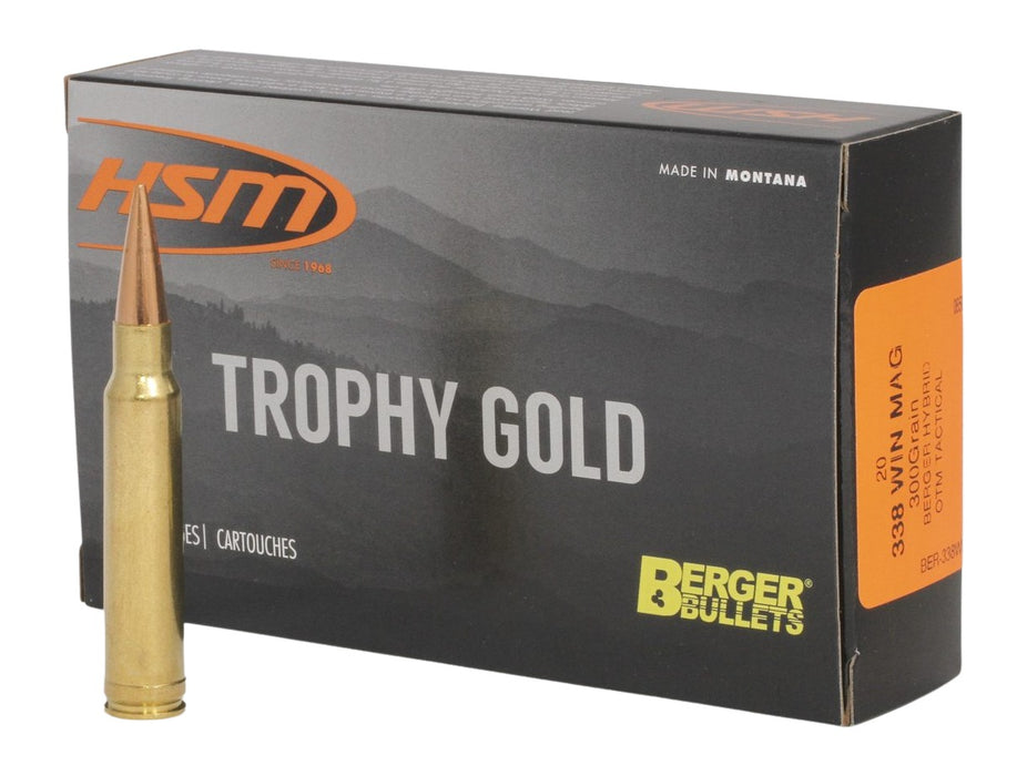 HSM 338WM300OTM Trophy Gold Extended Range 338 Win Mag 300 gr Berger Hybrid Tactical Open Tip Match 20 Per Box/ 20 Case