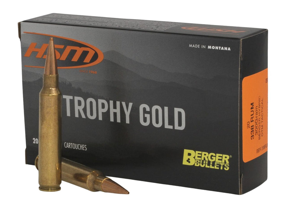 HSM 338RUM300OTM Trophy Gold Extended Range 338 RUM 300 gr Berger Hybrid Tactical Open Tip Match 20 Per Box/ 10 Case