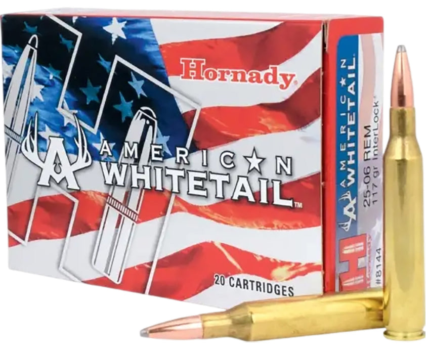 Hornady 8144 American Whitetail  25-06 Rem 117 gr 2990 fps InterLock Boat-Tail Soft Point 20 Bx/10 Cs