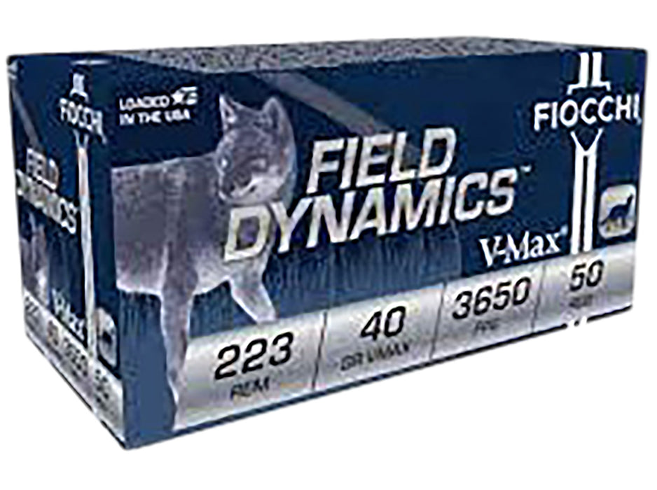 Fiocchi 223FHVB Field Dynamics  223 Rem 40 gr 3650 fps Hornady V-Max, Packaged (4) 50 Round Boxes in a Plano Ammo Box for a total of 200rds