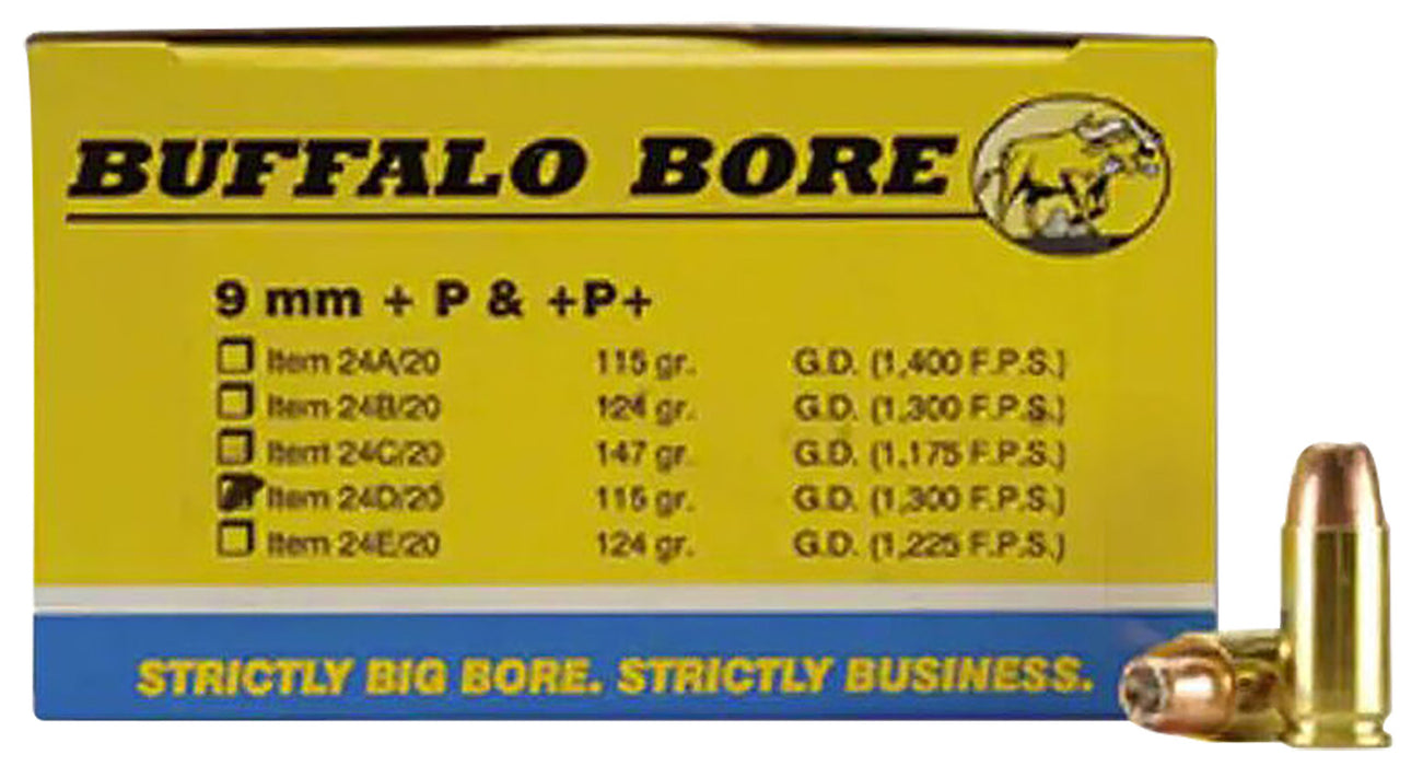 Buffalo Bore Ammunition 24D20 Personal Defense Strictly Business 9mmLuger +P 115gr Jacket Hollow Point 20 Per Box/12 Case