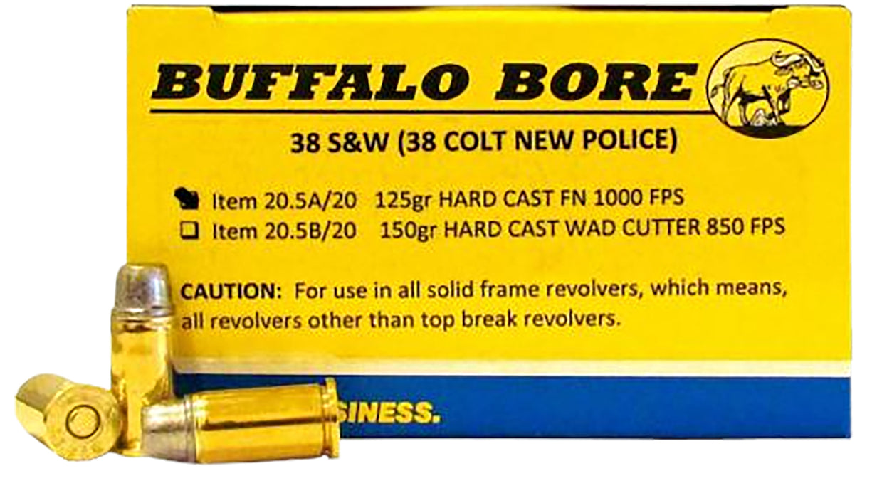 Buffalo Bore Ammunition 205A20 Personal Defense  38 S&W 125 gr 1050 fps Hard Cast Flat Nose (HCFN) 20 Bx/12 Cs