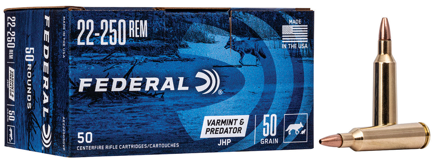 Federal AE2225050VP American Eagle Varmint & Predator 22-250 Rem 50 gr Jacketed Hollow Point (JHP) 50 Per Box/ 5 Cs (Value Pack)