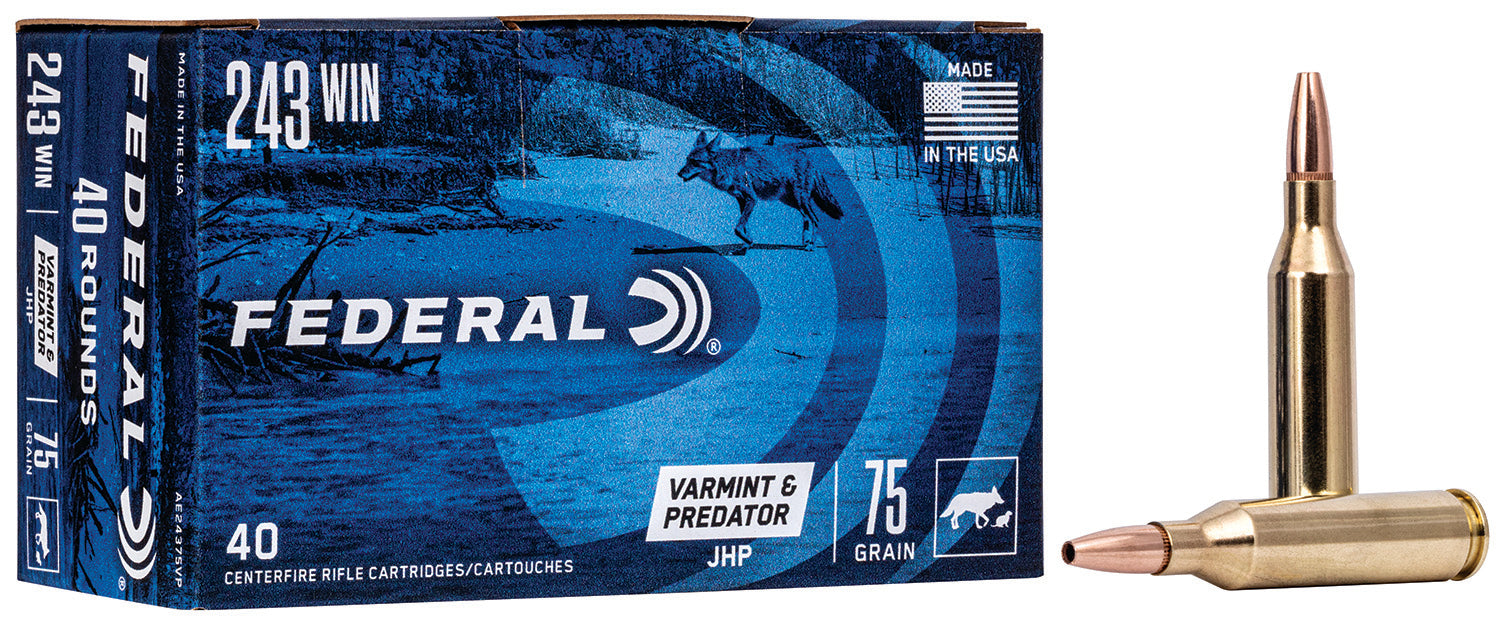 Federal AE24375VP American Eagle Varmint & Predator 243 Win 75 gr Jacketed Hollow Point (JHP) 40 Per Box/5 Cs