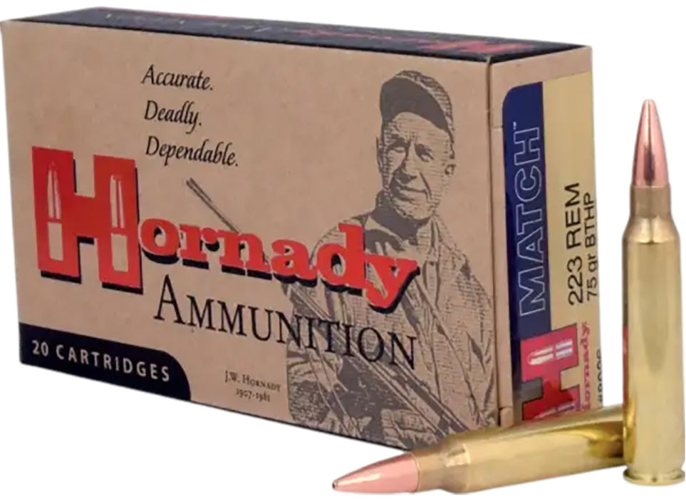 Hornady 8026 Match  223 Rem 75 gr 2790 fps Hollow Point Boat-Tail Match (HPBTM) 20 Bx/10 Cs