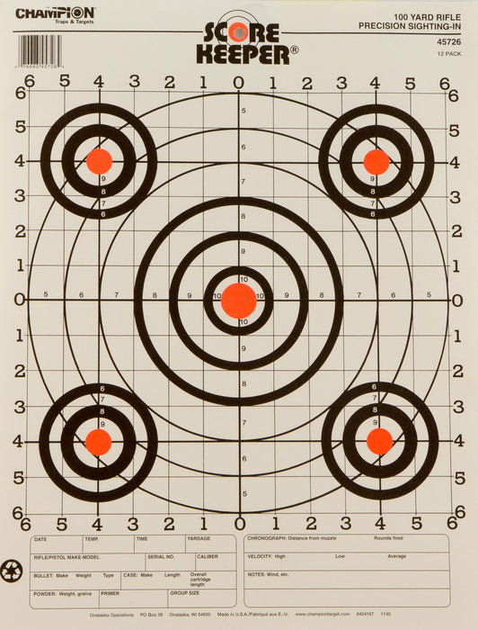 Champion Targets 45726 Score Keeper  Bullseye Paper Hanging 100 yds Pistol/Rifle 14" x 18" Multi-Color 12 PK
