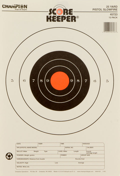 Champion Targets 45723 Score Keeper Slow Fire Bullseye Paper Hanging 25 yds Pistol 11" x 16" Black/Orange 12 PK