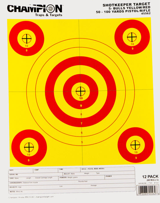 Champion Targets 45562 Shotkeeper  5-Bullseye 50-100 yds Pistol/Rifle Yellow/Red 12 PK