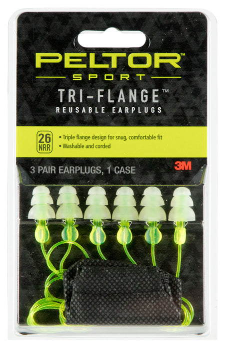 Peltor 97317 Tri-Flange Reusable Earplugs Polymer 26 dB In The Ear Yellow Buds with Yellow Cord Adult 3 Pair