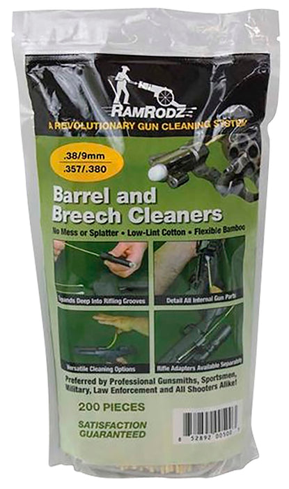 RamRodz 38200 Barrel & Breech Cleaning Swabs 9mm/38/380/357 Cal Handgun Firearm Cotton/Bamboo 8" Long 200 Per Pkg