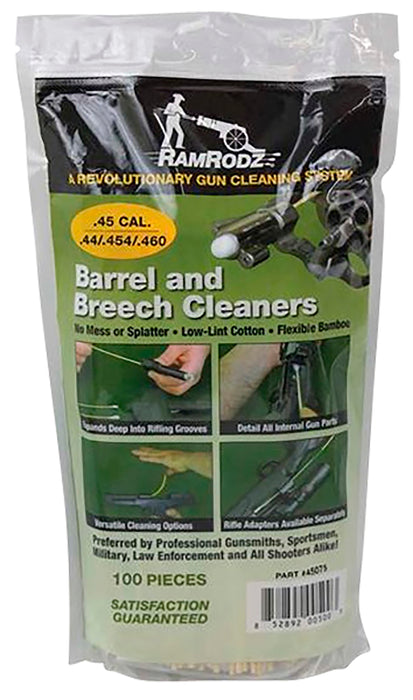 RamRodz 45075 Barrel & Breech Cleaning Swabs 45 Cal Handgun Firearm Cotton/Bamboo 8" Long 100 Per Pkg