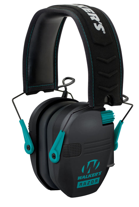 Walker's GWPRSEMTL Razor Slim Electronic Muff 23 dB Over the Head Black Polymer w/Teal Accents