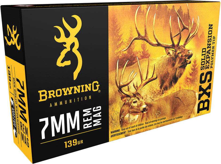 Browning Ammo B192400071 BXS Big Game & Deer 7mm Rem Mag 139 gr 3150 fps Lead Free Solid Expansion Polymer Tip 20 Bx/10 Cs