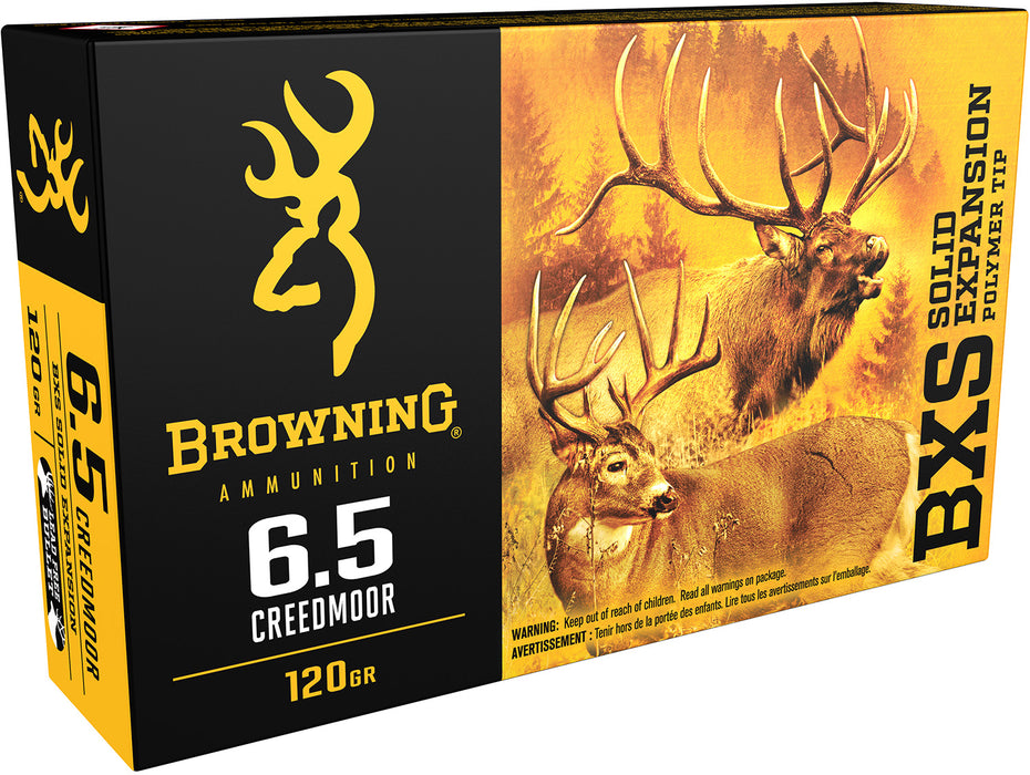 Browning Ammo B192400651 BXS Big Game & Deer 6.5 Creedmoor 120 gr 2850 fps Lead Free Solid Expansion Polymer Tip 20 Bx/10 Cs