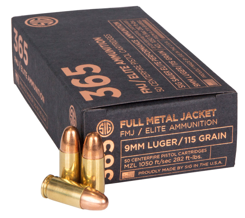 Sig Sauer E9MMB136550 Elite Ball 365 9mm Luger 115 gr 1050 fps Full Metal Jacket (FMJ) 50 Bx/20 Cs