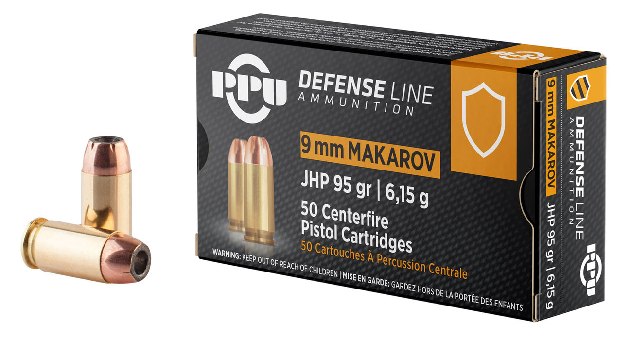 PPU PPD9M Defense  9x18 Makarov 95 gr 1015 fps Jacketed Hollow Point (JHP) 50 Bx/20 Cs