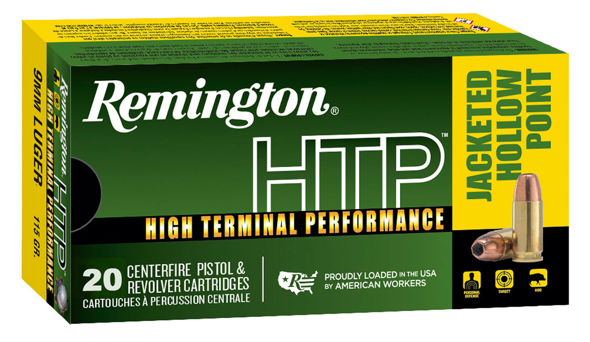 Remington Ammunition 28288 HTP  9mm Luger 115 gr 1145 fps Jacketed Hollow Point (JHP) 20 Bx/25 Cs