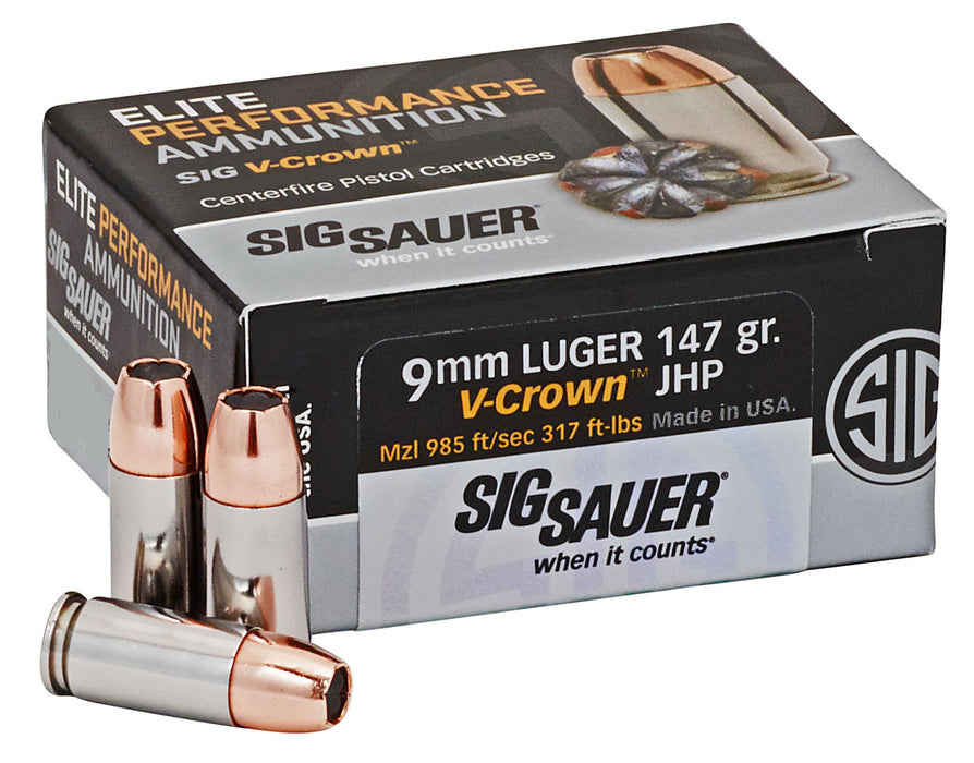 Sig Sauer E9MMA350 Elite Defense  9mm Luger 147 gr 985 fps V-Crown Jacketed Hollow Point (VJHP) 50 Bx/10 Cs