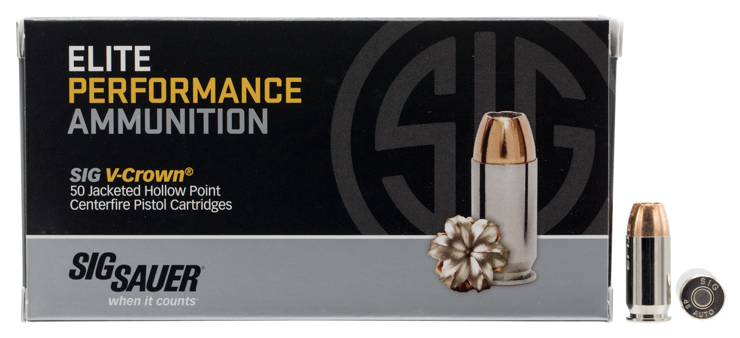 Sig Sauer E45AP250 Elite Defense  45 ACP 230 gr 830 fps V-Crown Jacketed Hollow Point (VJHP) 50 Bx/10 Cs