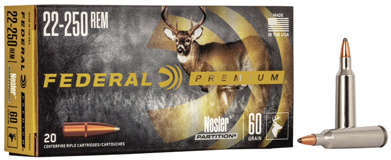 Federal P22250G Premium  22-250 Rem 60 gr Nosler Partition (NP) 20 Per Box/10 Cs