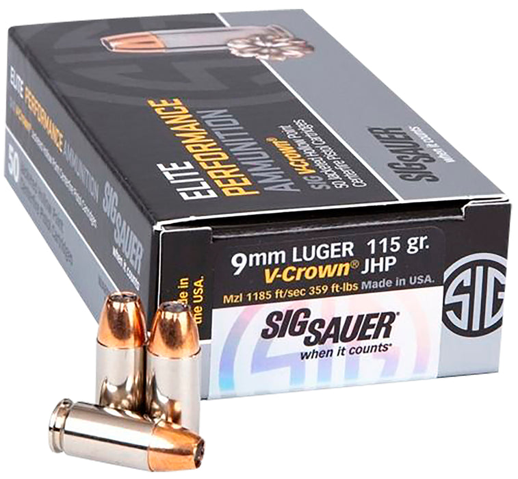 Sig Sauer E9MMA1COMP50 Match Elite Competition  9mm Luger 115 gr 1185 fps V-Crown Jacketed Hollow Point (VJHP) 50 Bx/10 Cs