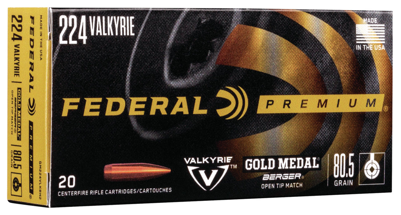 Federal GM224VLKBH2 Premium Gold Medal 224 Valkyrie 80.5 gr 2925 fps Berger Open Tip Match 20 Bx/10 Cs