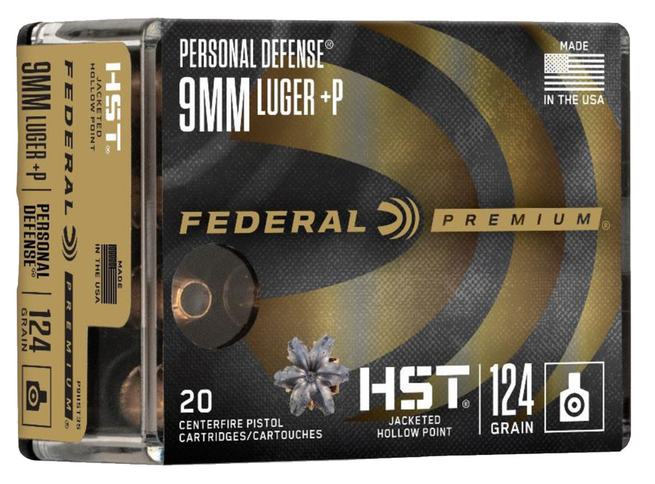 Federal P9HST3S Premium Personal Defense 9mm Luger +P 124 gr HST Jacketed Hollow Point 20 Per Box/10 Cs