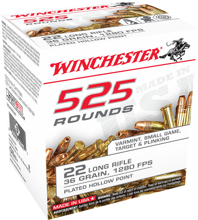 Winchester Ammo 22LR525HP USA  22 LR 36 gr Copper Plated Hollow Point (CPHP) 525 Bx/10 Cs (Bulk)