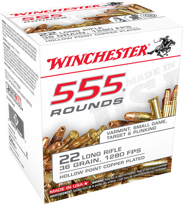 Winchester Ammo 22LR555HP USA  22 LR 36 gr Copper Plated Hollow Point (CPHP) 555 Bx/10 Cs (Bulk)