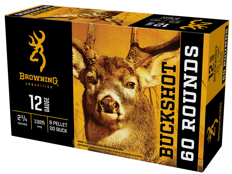 Browning Ammo B193111223 Buckshot  12 Gauge 2.75" 9 Pellets 1325 fps 00 Buck Shot 60 Per Pack/4 Cs (Value Pack)