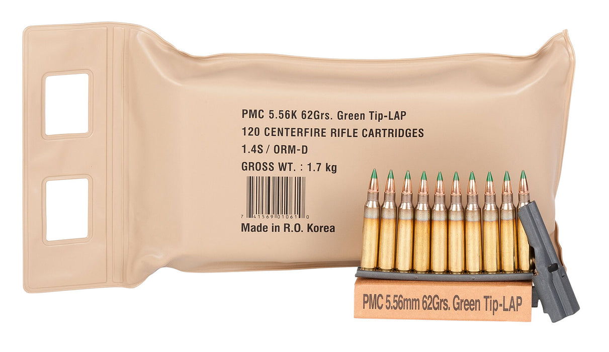 PMC 556(M55)BP X-Tac Battle Pack 5.56x45mm NATO 62 gr 3100 fps Light Armor Piercing Green-Tip (LAP) 120 Bx/5 Cs