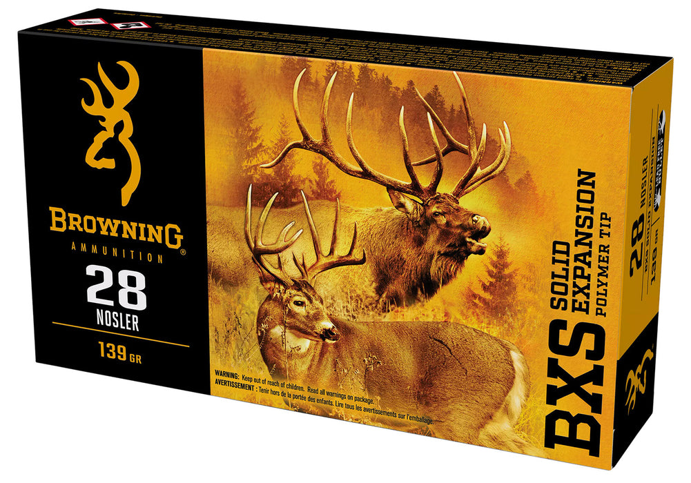 Browning Ammo B192400281 BXS Big Game & Deer 28 Nosler 139 gr 3350 fps Lead Free Solid Expansion Polymer Tip 20 Bx/10 Cs