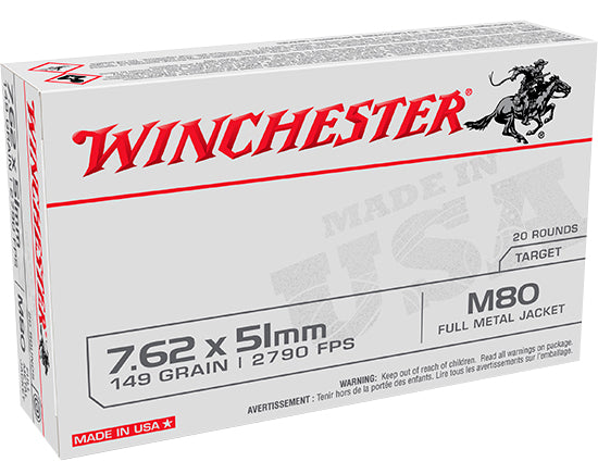 Winchester Ammo WM80 USA M80 Lake City 7.62x51mm NATO 149 gr Full Metal Jacket (FMJ) 20 Per Box/25 Cs