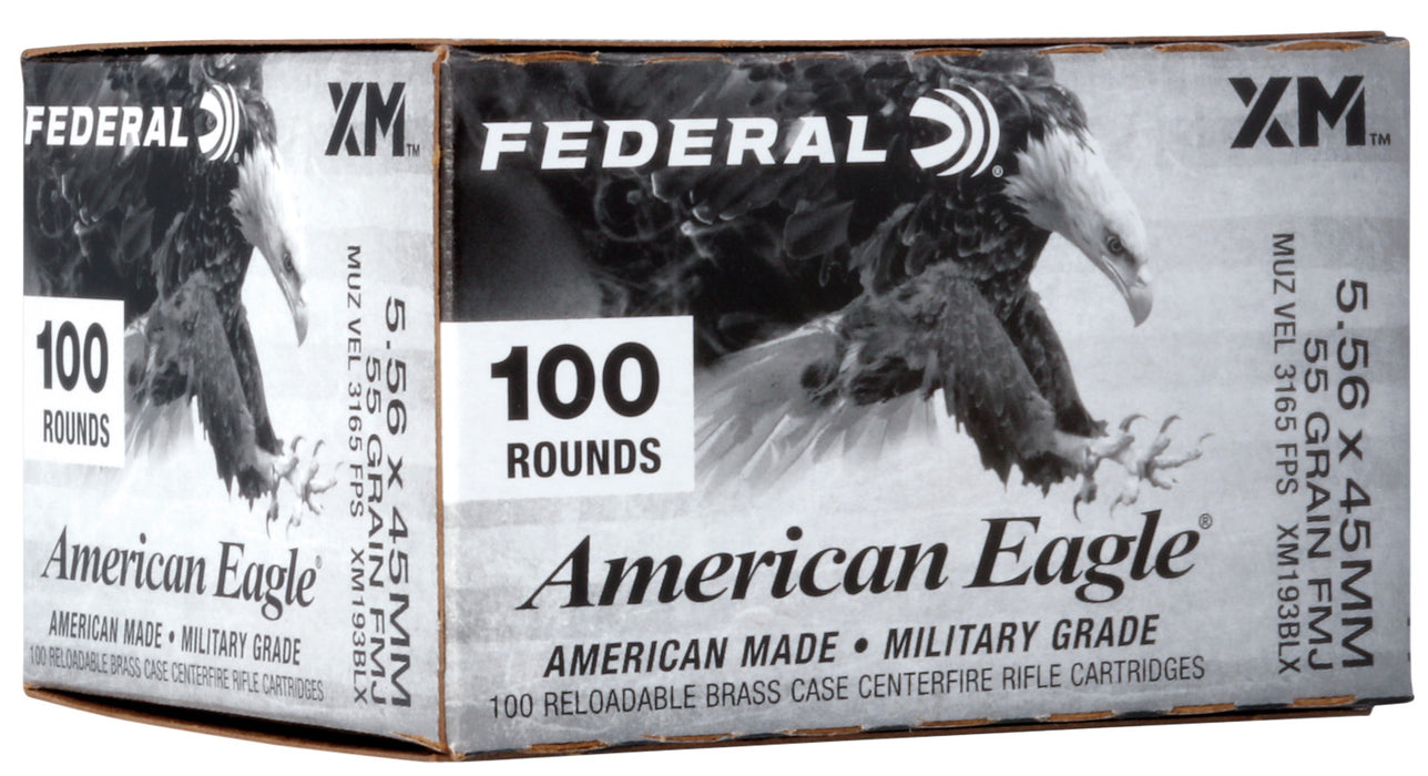 Federal XM193BLX American Eagle  5.56x45mm NATO 55 gr 3165 fps Full Metal Jacket Boat-Tail (FMJBT) 100 Bx/5 Cs