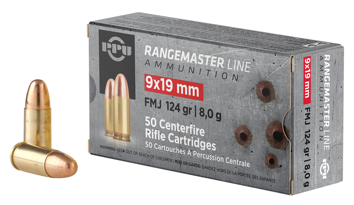 PPU PPRM9 Rangemaster  9mm Luger 124 gr 1263 fps Full Metal Jacket (FMJ) 50 Bx/20 Cs