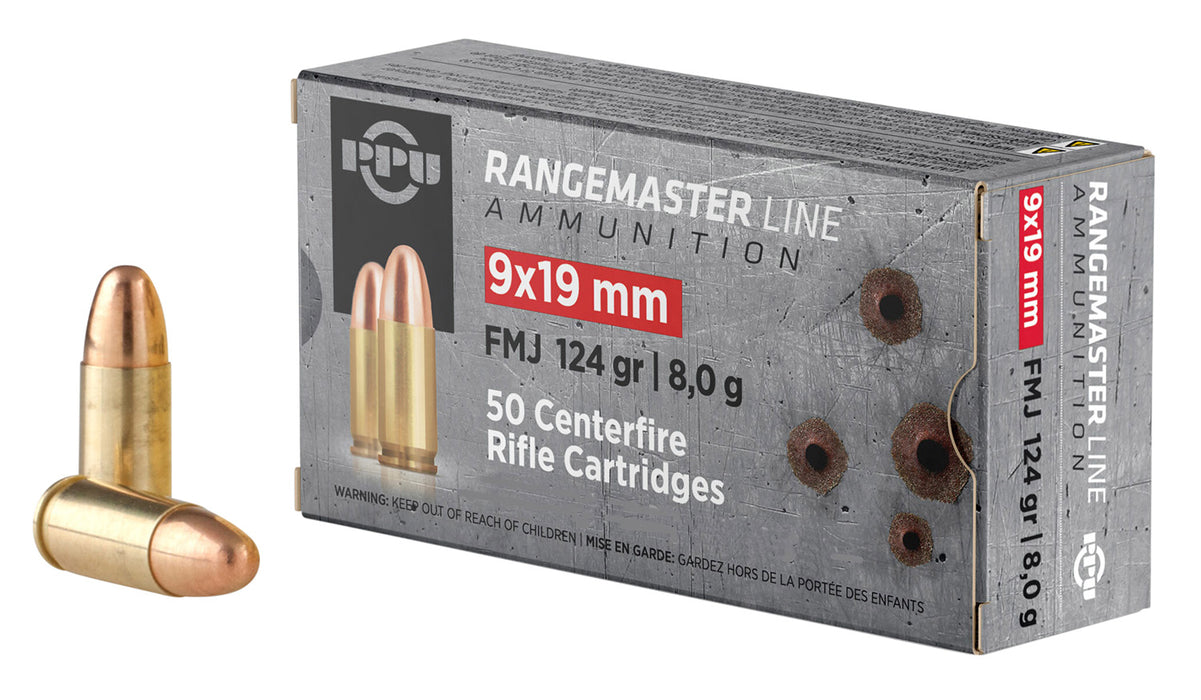 PPU PPRM9M Rangemaster  9mm Luger 124 gr 1263 fps Full Metal Jacket (FMJ) 1000rds (Sold by Case)