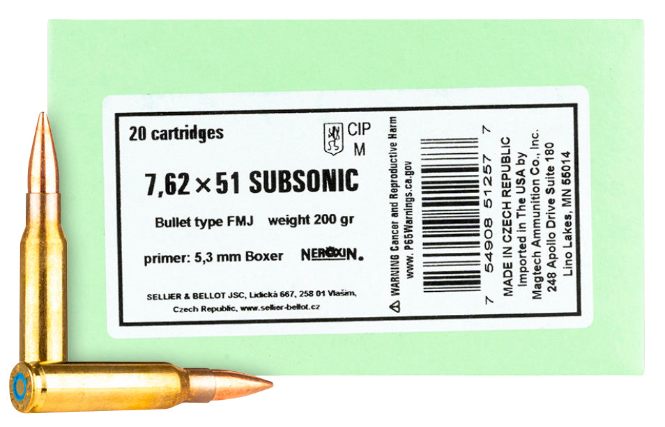 Sellier & Bellot SB762SUBB Rifle  308 Win 200 gr Full Metal Jacket Subsonic (FMJSB) 20 Per Box/25 Cs