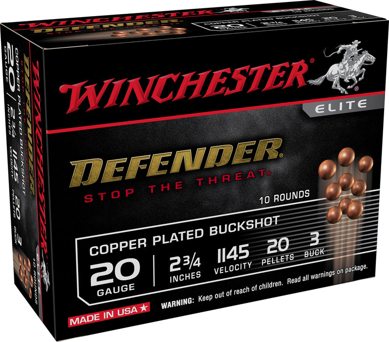 Winchester Ammo SB203PD Defender  20 Gauge 2.75" 20 Pellets 1145 fps  Copper-Plated 3 Buck Shot 10 Bx/10 Cs