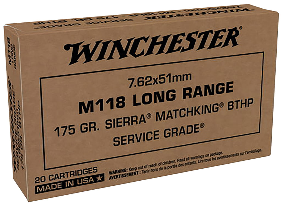 Winchester Ammo SGM118LRW Service Grade M118 Long Range 7.62x51mm NATO 175 gr Sierra MatchKing Hollow Point Boat-Tail 20 Bx/25 Cs