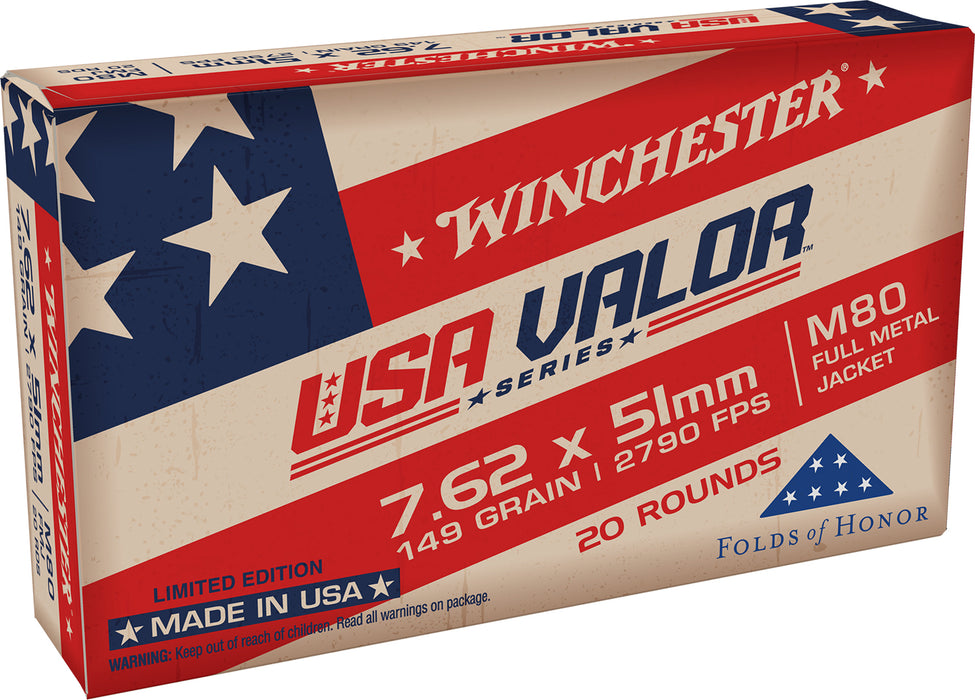 Winchester Ammo USAVM80X USA Valor M80 7.62x51mm NATO 149 gr 2790 fps Full Metal Jacket (FMJ) 20 Bx/25 Cs