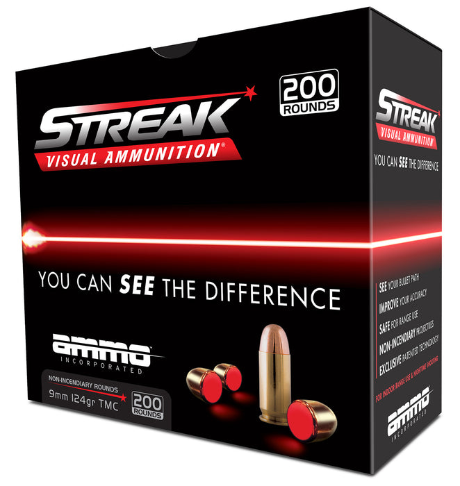 Ammo Inc 9124TMCSTRKRED Streak Visual  9mm Luger 124 gr Total  Metal Jacket (TMJ) 20 Per Box/10 Cs