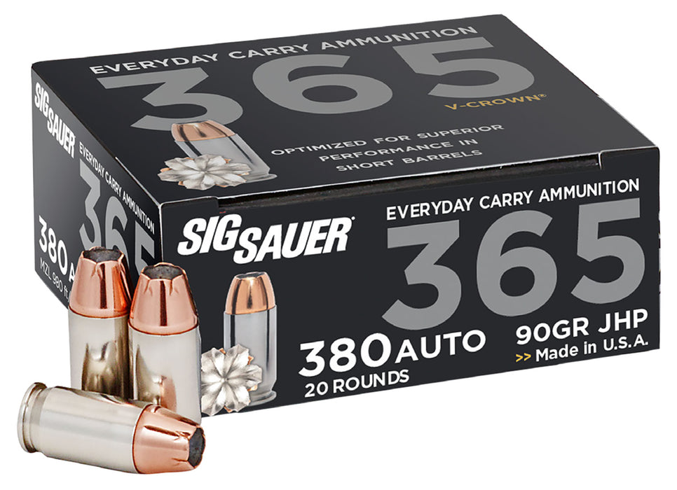 Sig Sauer E380A136520 Elite Defense 365 380 ACP 90 gr V-Crown Jacketed Hollow Point (VJHP) 20 Bx/10 Cs