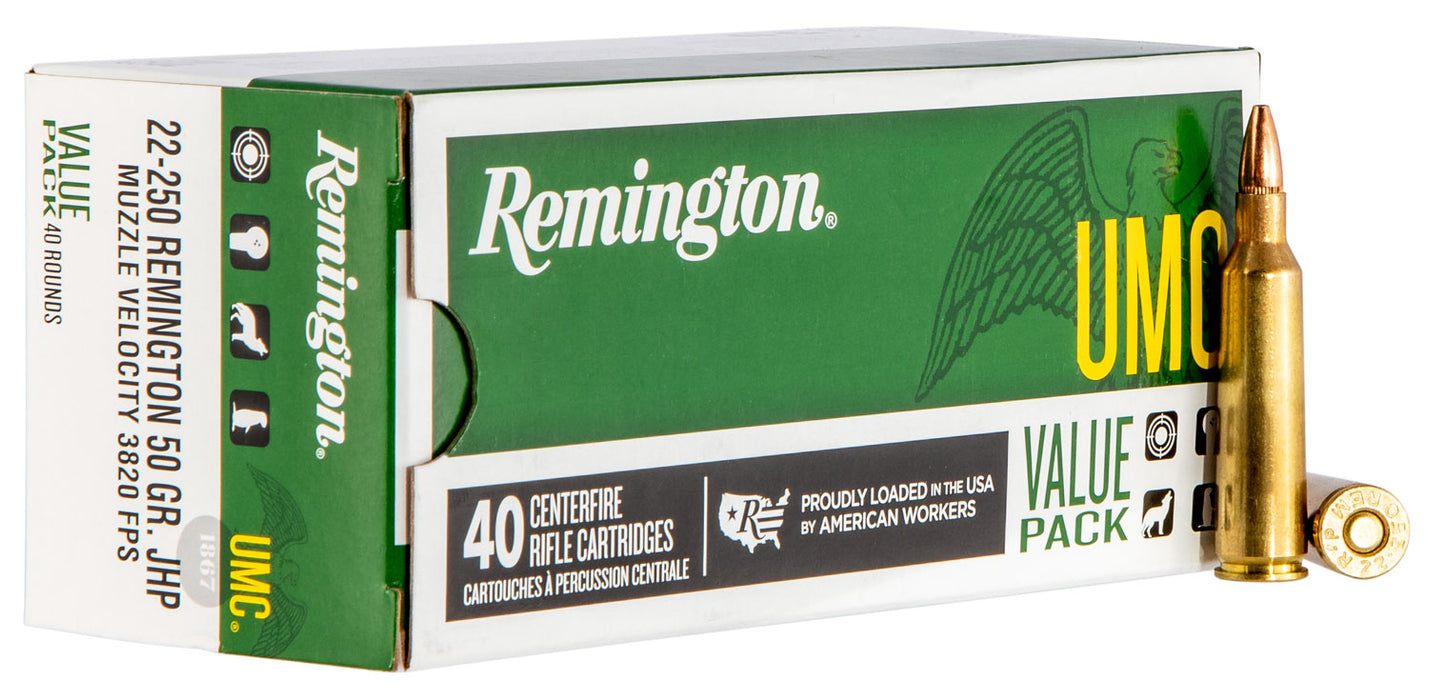 Remington Ammunition 23783 UMC  22-250 Rem 50 gr Jacketed Hollow Point (JHP) 40 Per Box/10 Cs