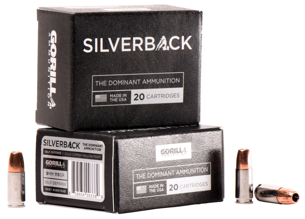 Gorilla Ammo SB9115SD Silverback Self Defense 9mm Luger 115 gr Solid Copper Hollow Point (SCHP) 20 Per Box/10 Cs